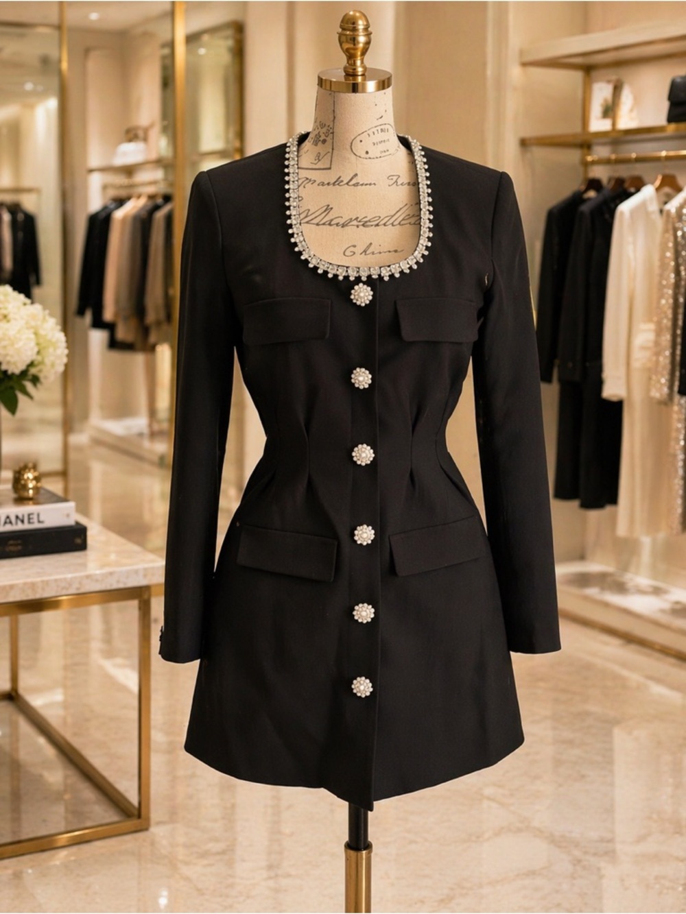 SELF PORTRAIT 
Black embellished BOUCLE COLLARED MINI jacket DRESS
